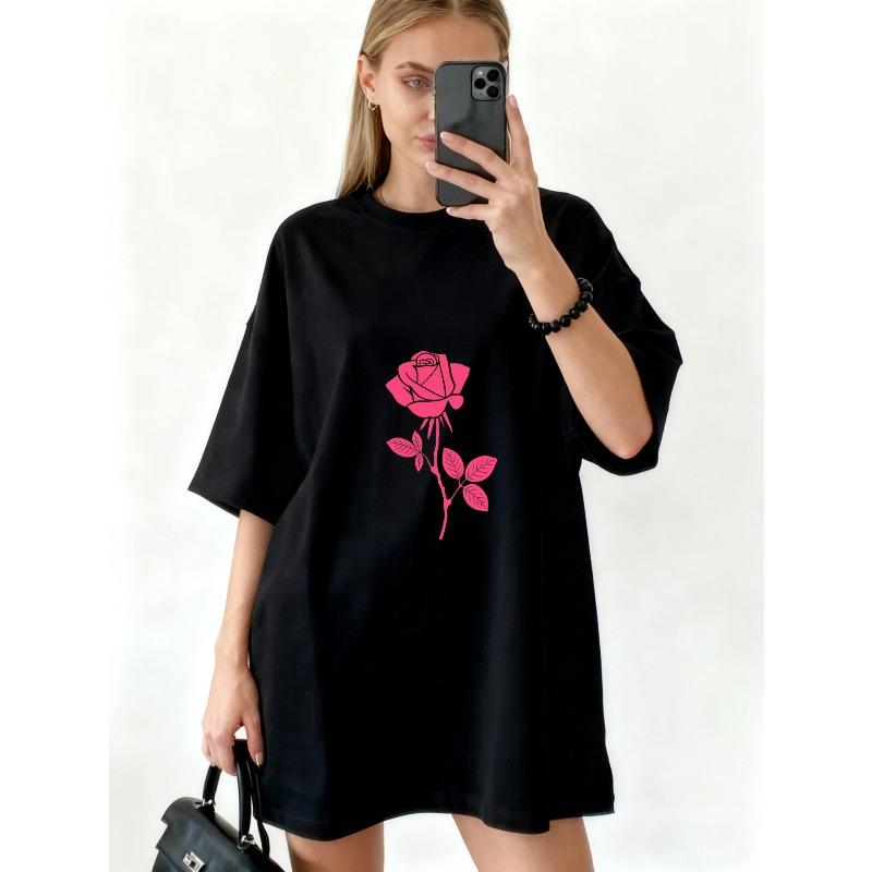 Oversized T Shirt Dress Black Pink Rose Print Casual Streetwear Style For Women