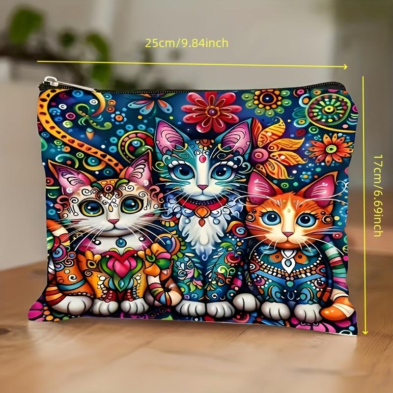 Bohemian Cat & Floral Makeup Bag with Safety Zipper Lightweight Multi-Functional Travel Cosmetic Organizer for Women Makeup Travel Bag