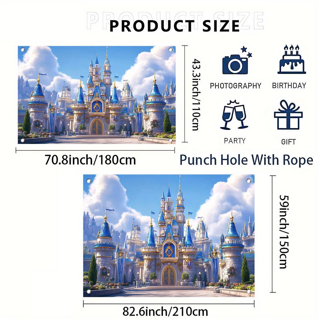 2D Flat Fantasy Castle Background with Hanging Perforated Rope, Birthday Party Banner
