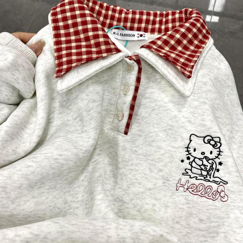 Women's 2025 Spring Hello Kitty Retro Embroidered Plaid Sweatshirt