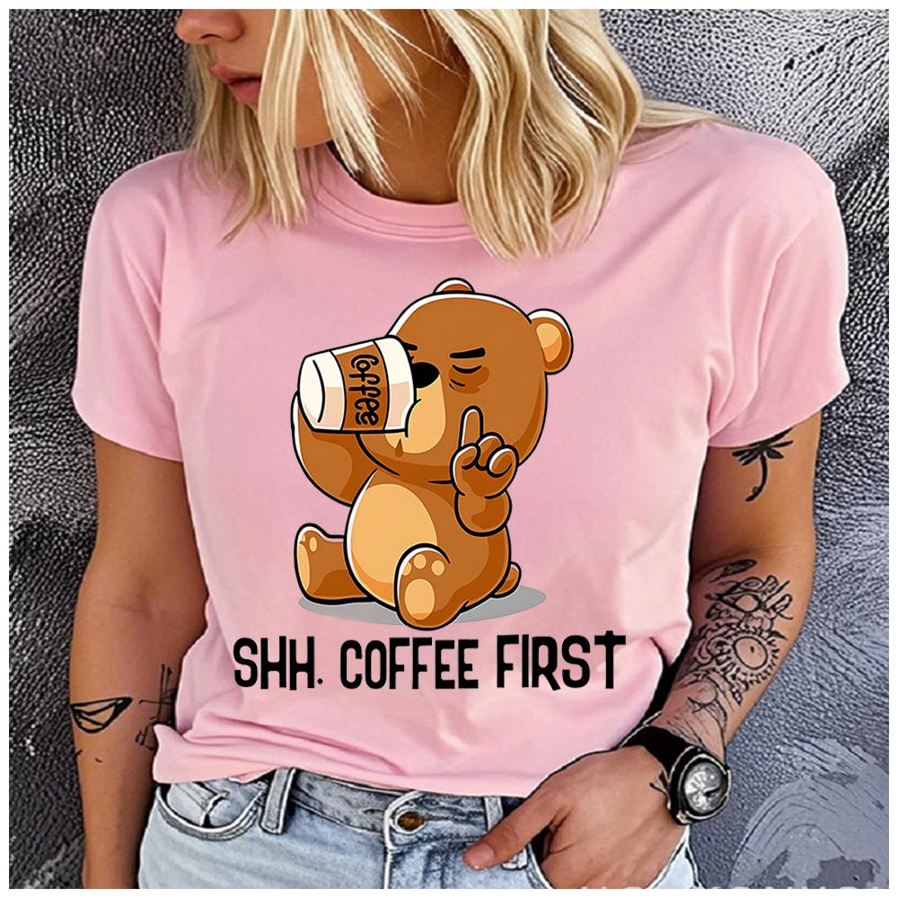 Unisex Casual Short Sleeve T-Shirt, 100% Polyester, Round Neck, Coffee Bear Print, Loose, Fashion, Summer Top