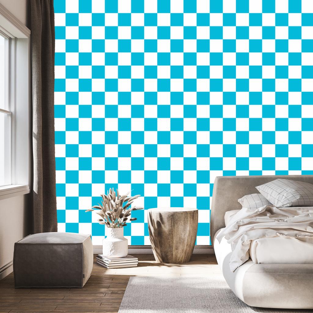 Checkerboard Wallpaper Turquoise and White for Living Room and Bedroom 50x1000