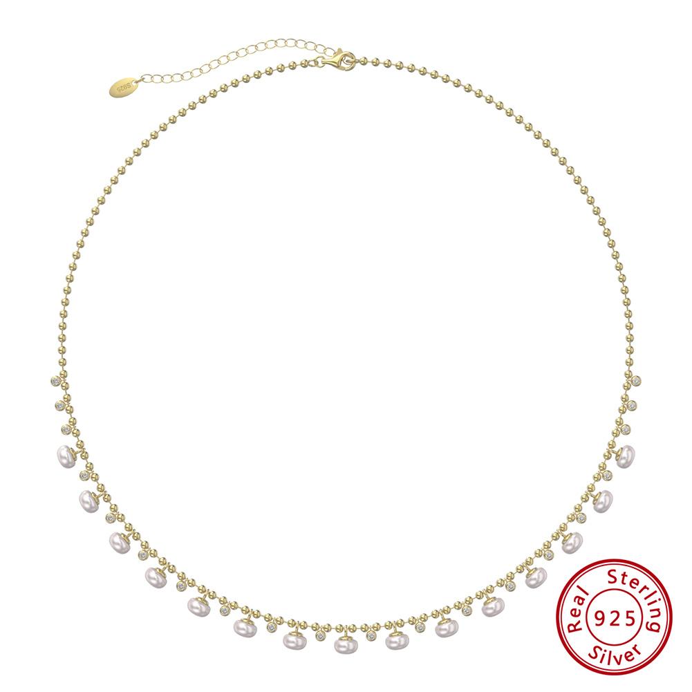 ORSA JEWELS 14K Gold 925 Sterling Silver Natural Pearl Necklace for Women Elegant Pearl Bead Ball Chain Necklace Jewelry GPN37