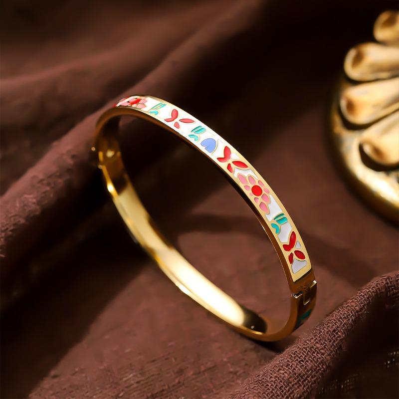 Hot-selling Titanium Steel Enamel Painted Bracelet K Vacuum Electroplating Women's Retro Personalized Oil Drip Titanium Steel Bracelet