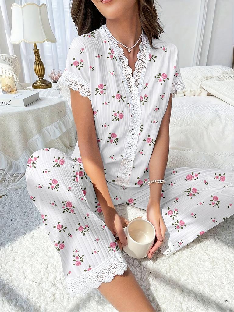 Avrupa ve Amerikan Tarzı Kadın Kiraz Baskılı Pijama Takımı Kısa Kollu Üst ve Uzun Pantolon Pijama İşlemeli Dantelli Ev Giyimi