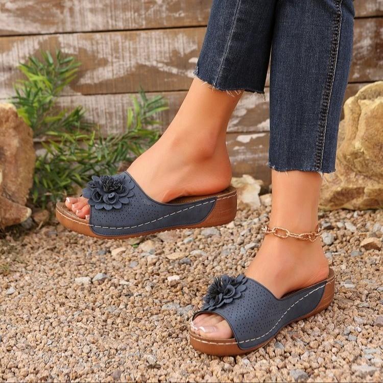 Floral Decor Women's Sandals] Women's Floral Decor Sandals, Platform Slip On Cut Out Walking Shoes Comfort Wedge Vacation Slides