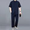 2Pcs/Set Men Suit Stand Collar Short Sleeve Single Breasted Shirt Elastic Waist Long Pants Set Solid Color Loose Fit Leisure Outfit
