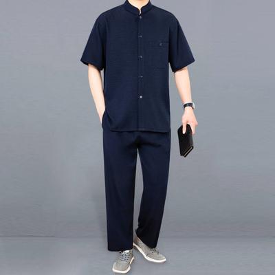 2Pcs/Set Men Suit Stand Collar Short Sleeve Single Breasted Shirt Elastic Waist Long Pants Set Solid Color Loose Fit Leisure Outfit