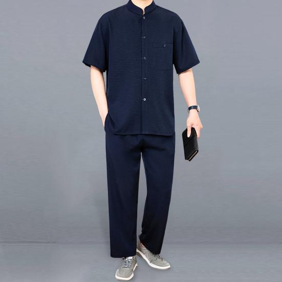 2Pcs/Set Men Suit Stand Collar Short Sleeve Single Breasted Shirt Elastic Waist Long Pants Set Solid Color Loose Fit Leisure Outfit