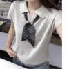 Korean Style Oatmeal Short Sleeve Top for Women with Detachable Silk Scarf - Chic Old Money Summer Fashion