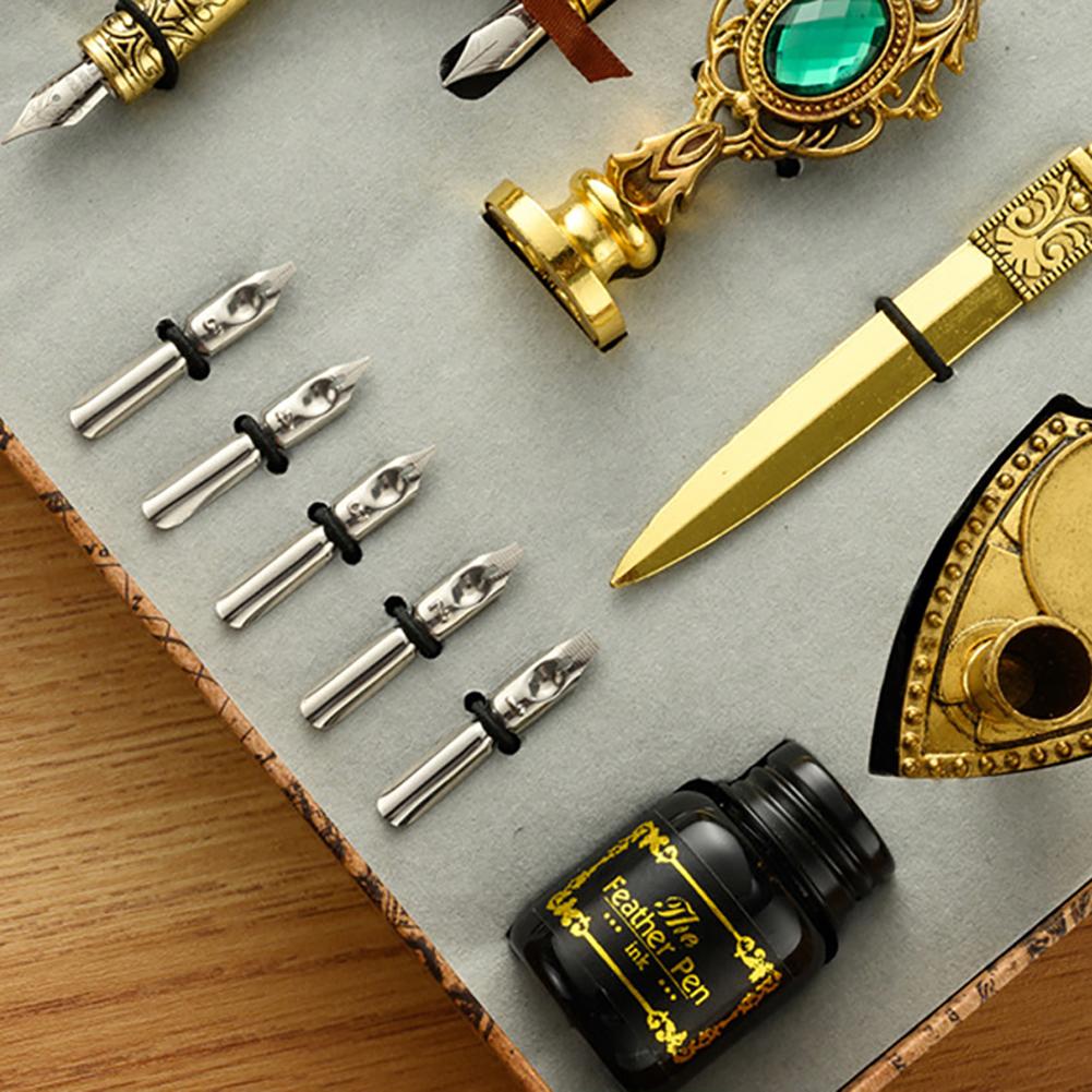 Retro Feather Pen Writing Ink Set Creative Exquisite Feather Dip Fountain Pen Sets Stationery Crafts Gifts for Home Office