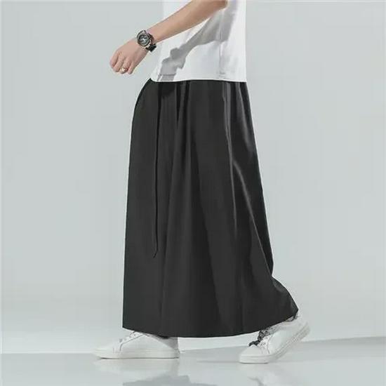 Men's Summer Ice Silk Hanfu Pants: Ancient Style Nine-Point with Chinese Print and Pendant Details.