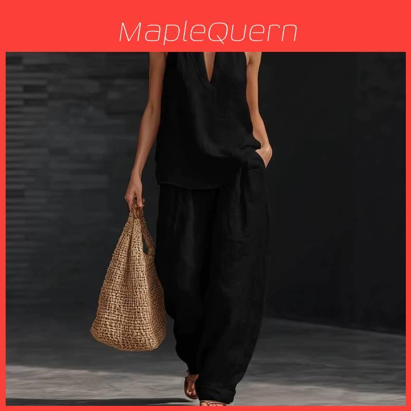 Cotton Linen Blend Sleeveless Pantsuit With Patching For Casual Women Spring Summer