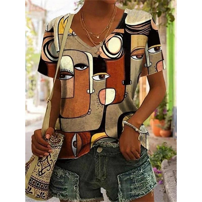 

Women s Tribal Geometric Graphic V Neck T Shirt, Short Sleeve Regular Casual Tops, Daily Brown White Outfit for Spring & Summer XL