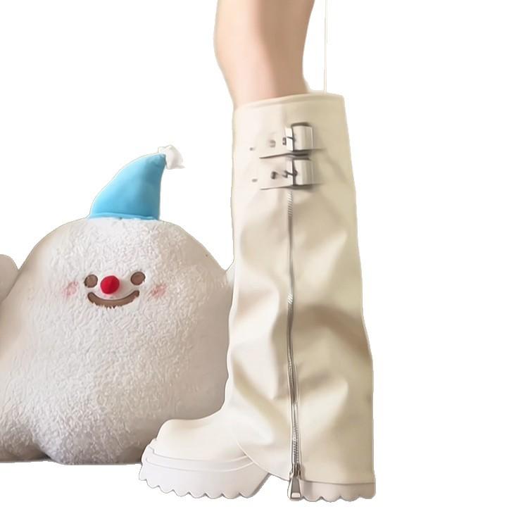 Leather big-headed pant boots stacking boots women's 2025 thick-soled heightening western boots but knee boots tall knight boots