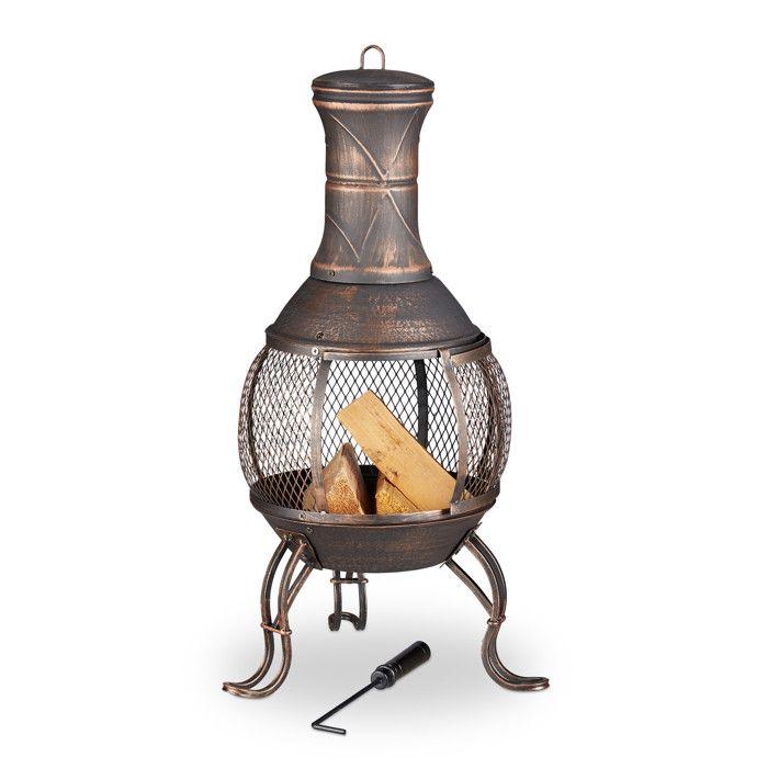 Relaxdays Mexican Fire Pit, Poker, Wooden Grill, Spark Screen, Garden, Terrace, Antique Fireplace, H 89cm, Bronze