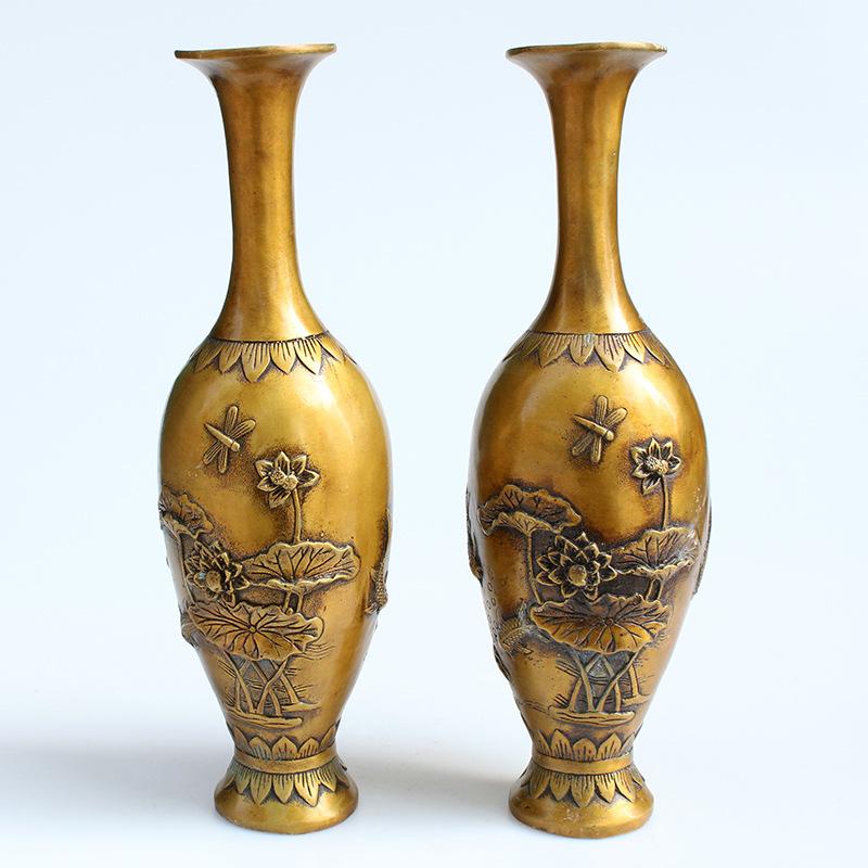 Pair of Brass Prosperous Year Vase Ornaments Qilin Sends Son Songhe Hehe Flower Vase Ornament