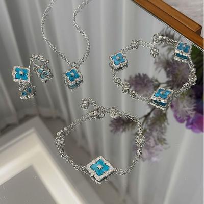 Italienisches Gebürstetes Wasserwellen Blaues Halsketten Armband Set Vielseitige Retro Hof Vierblättriges Kleeblatt Ohrringe