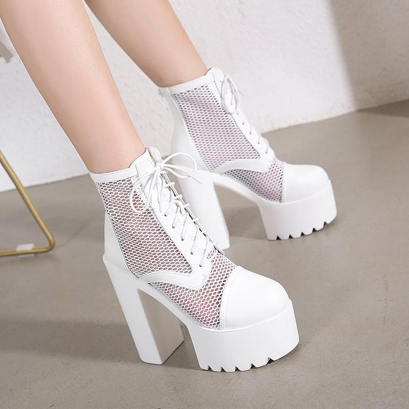 Fashion Spring Summer High Heeled Platform Pumps Air Mesh Breathable Ladies Party Shoes Lace Up Closed Toe Black White