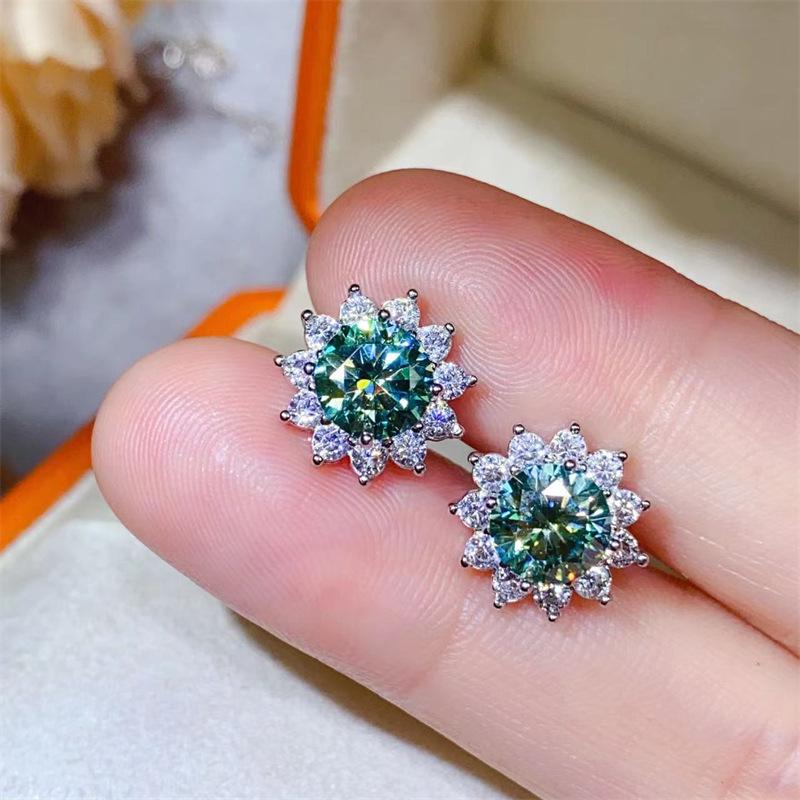 Sunflower Green Moissanite Jewelry Set: Dark Green Diamond-Like Ring, Earrings, and Pendant Instantly Passes Diamond Tester
