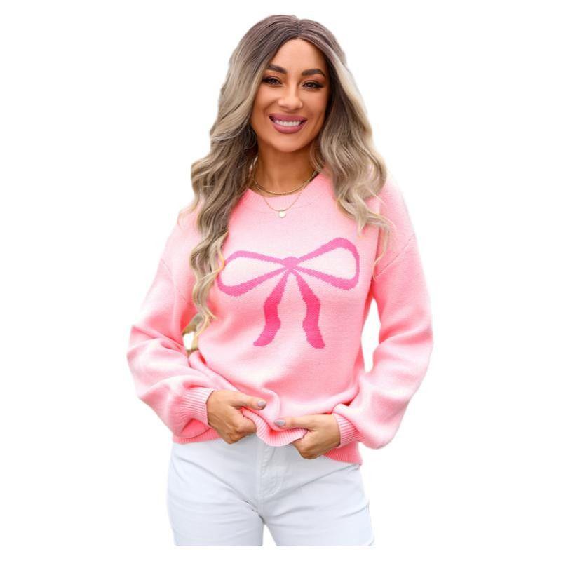 

American Shiying Fall and Winter New Arrival Bows Pattern Sweater Female 2025 Age Reduction Pullover Knitwear Tops Female Pink Size S fit (45.00 kg-55.00 kg