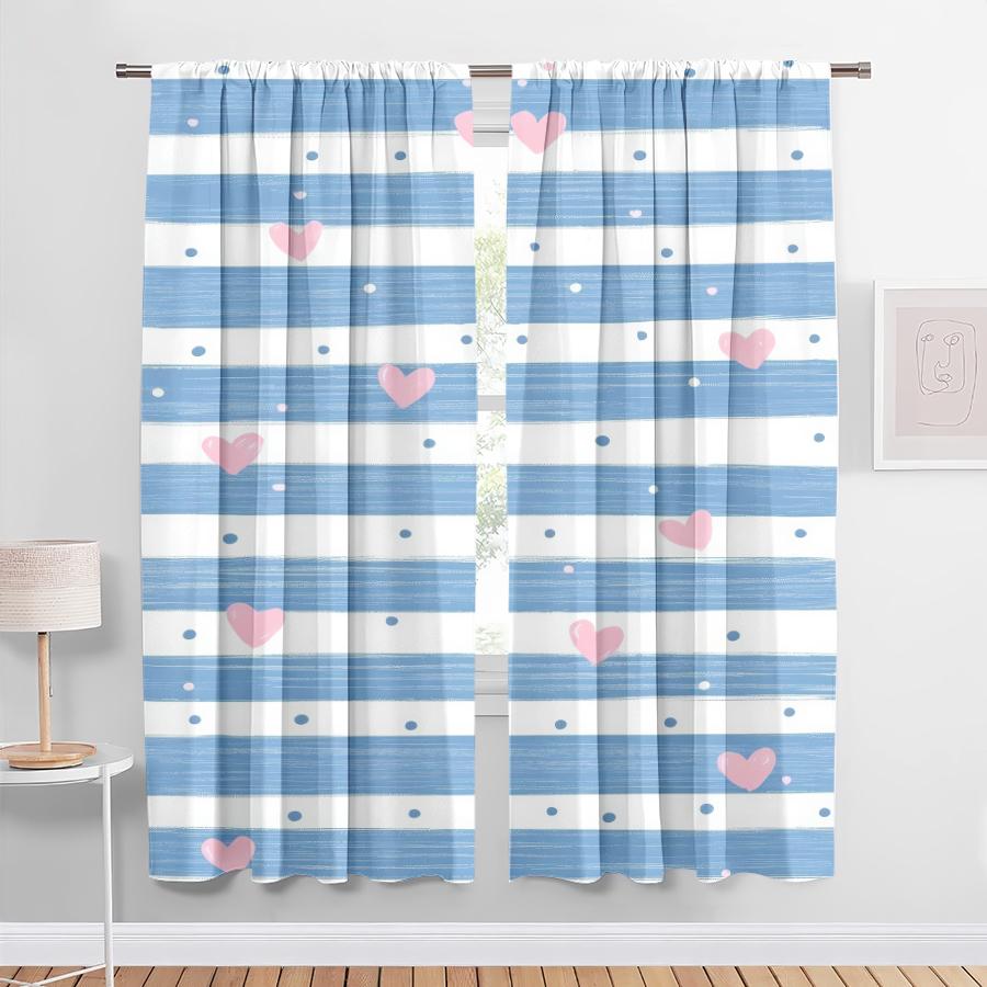 2 st Blå- och vitrandiga rosa hjärtgardiner, Söt vind, Vardagsrum och sovrum, Dekoration med dragsko-ficka