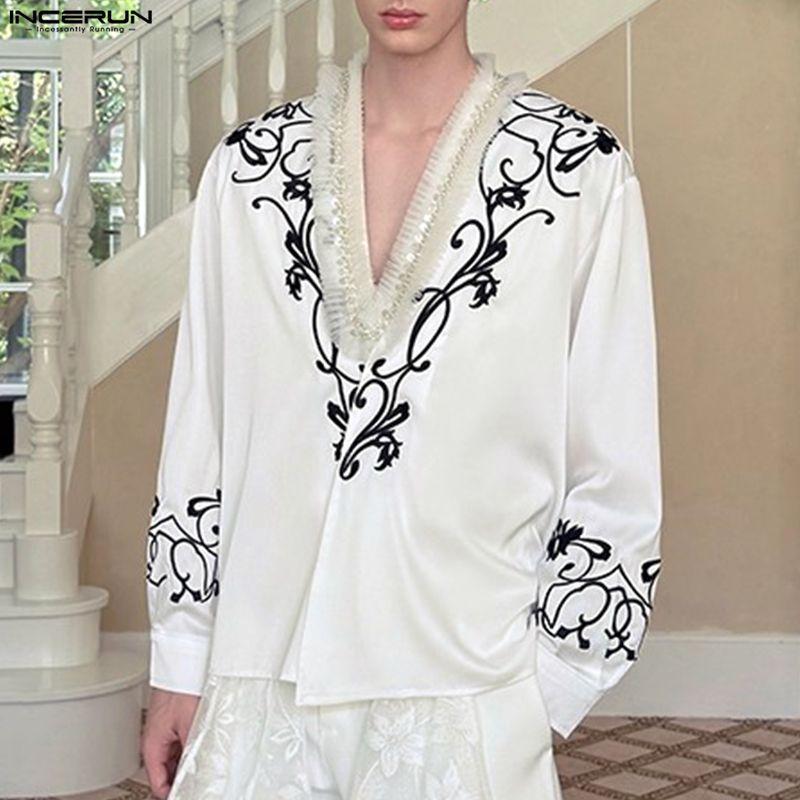 INCERUN Men Deep V Neck Long Sleeve Embroidery Casual Oversized Shirts