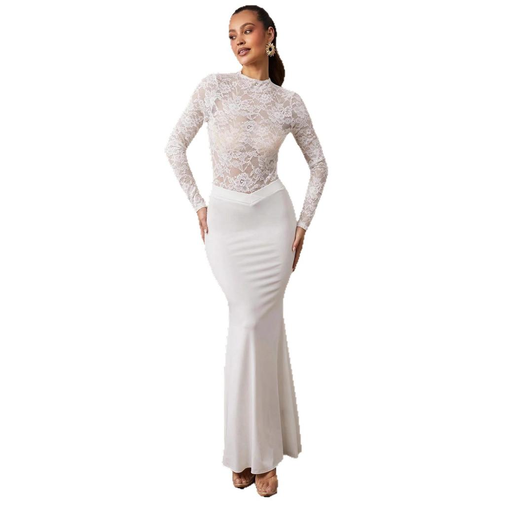 Spring Lace Long Sleeve Solid Color Sexy Slim Fit Base Layer One Piece Clothing Women Fashion Elegant Beach Vacation Casual Wear