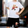 Boys 2 Piece Cartoon Bear Print Outfit, Short Sleeve T-Shirt and Shorts Set for Kids Age 5-14,Black and White Sporty Casual Summer Clothes