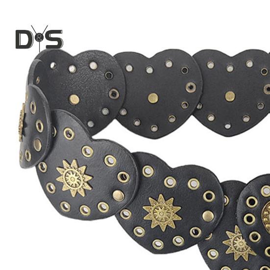 Retro Western Cowboy Belt Hollow Hole Metal Heart Stitching Waistband Solid Color Faux Leather Adjustable Belt Costume Accessories