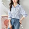 Blue Striped Shirt for Women Long-sleeved Spring and Autumn Clothes New Casual Top Cartoon Embroidered Cotton Shirt