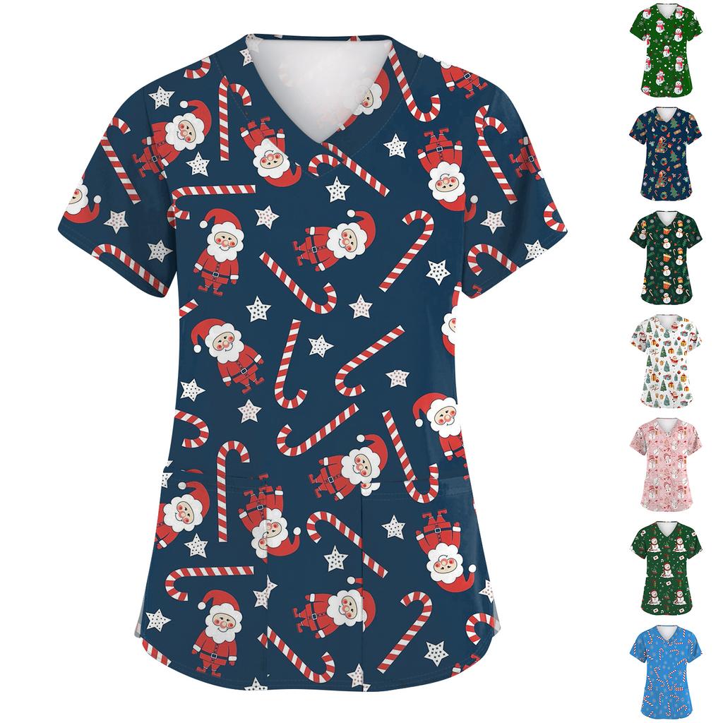 Women's Fashion Short Sleeve Christmas Print V-Neck Pocket Workwear Tops