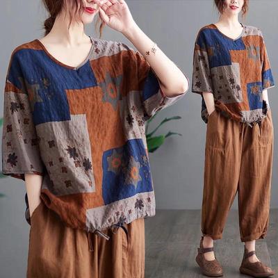 Tricou de vară pentru femei cu gât în V, subțire, în stil etnic, cu blocuri de culoare, top casual cu mâneci scurte, cu croială lejeră, pentru femei de vârstă mijlocie și vârstnice