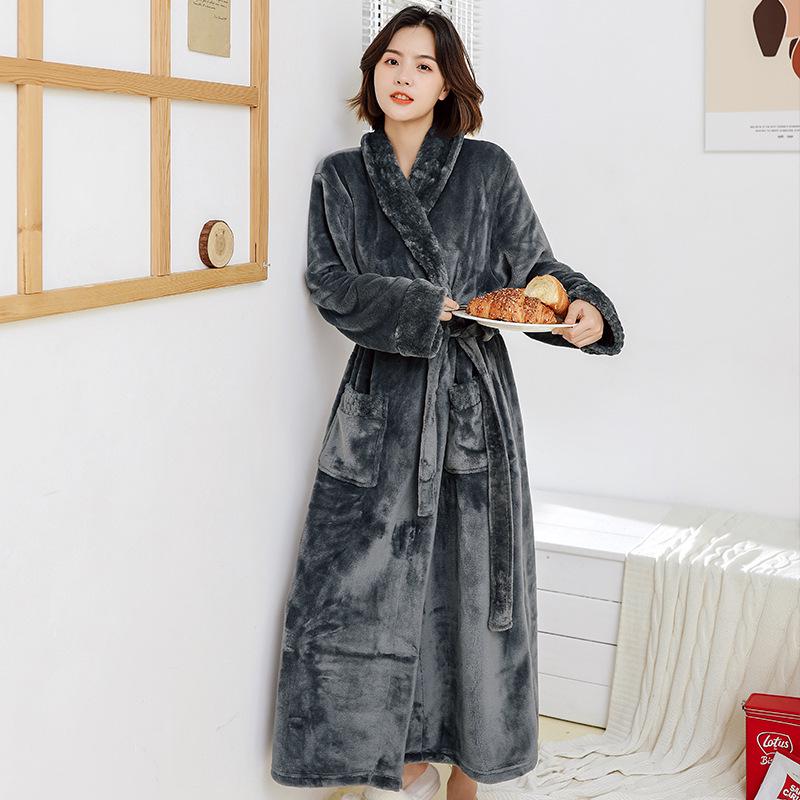 Winter Couple's Thick Flannel Robe - Warm Coral Fleece Long Bathrobe for Men and Women
