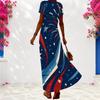 Women Plus Size V Neck Short Sleeve Firework Printed Navy Blue Long Dress