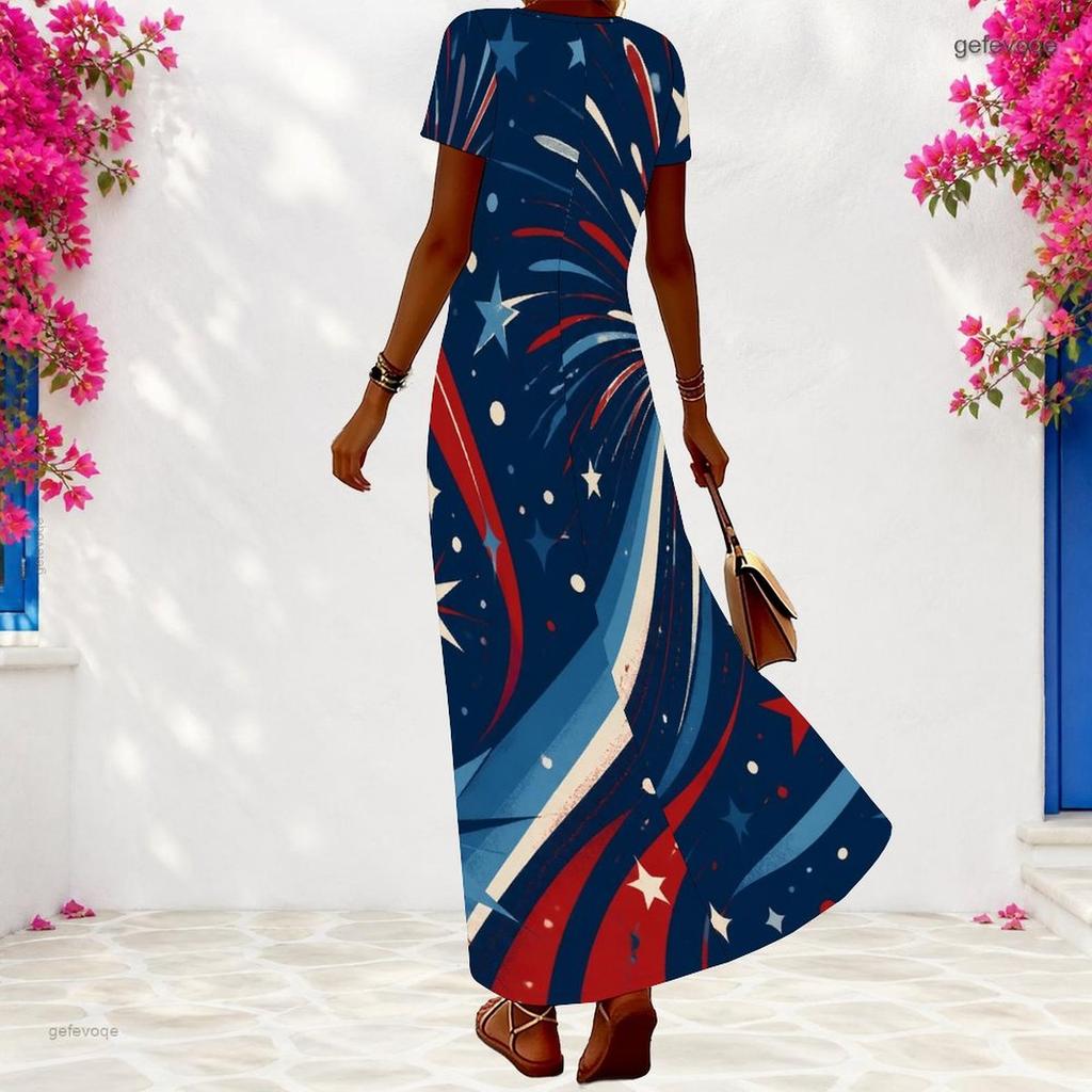 Women Plus Size V Neck Short Sleeve Firework Printed Navy Blue Long Dress