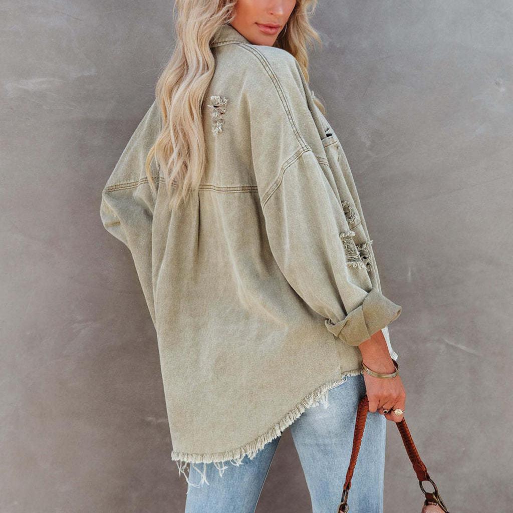 Women's Fashion Casual Solid Color Long Sleeve Denim Jacket
