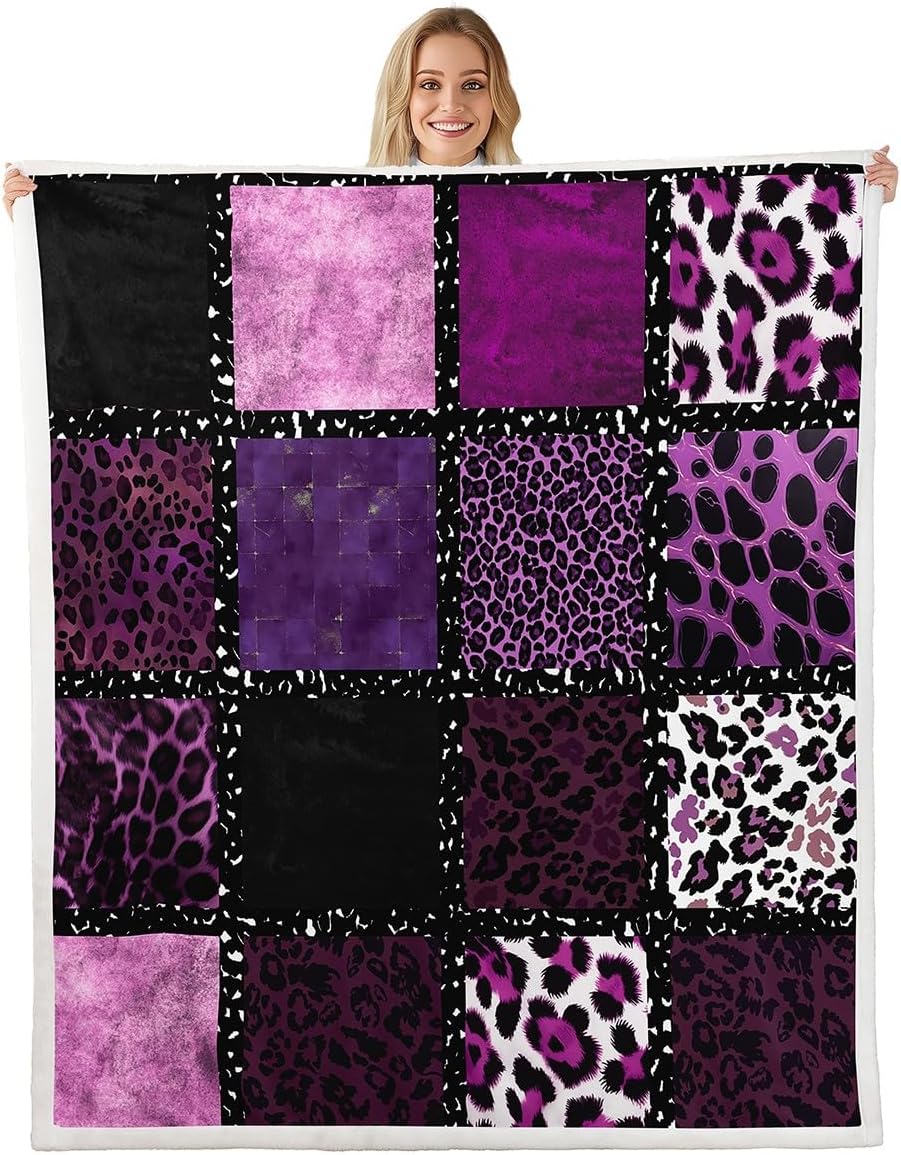 Pink Leopard Print Fleece Throw Blanket Ultra-Soft for Couch Sofa Bed,Animal Skin Texture Sherpa Blanket,Patchwork Geometric 75X95CM