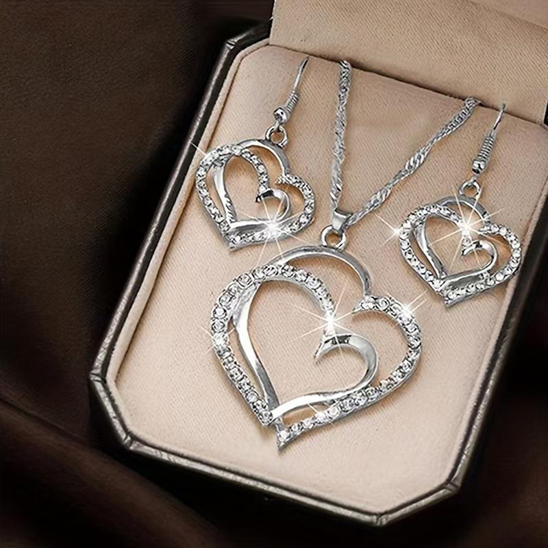 Sparkling  Double-Layer Hollow Heart-Shaped Pendant Necklace Women'S Temperament Versatile Jewelry Set