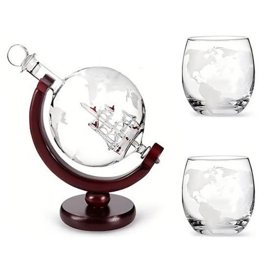 Welt Erde Karaffe Set, 850ml Schiff Whiskey Karaffe mit 2 Gläsern, Holzständer Rotierender Weinspender, Geschenk für Männer Papa