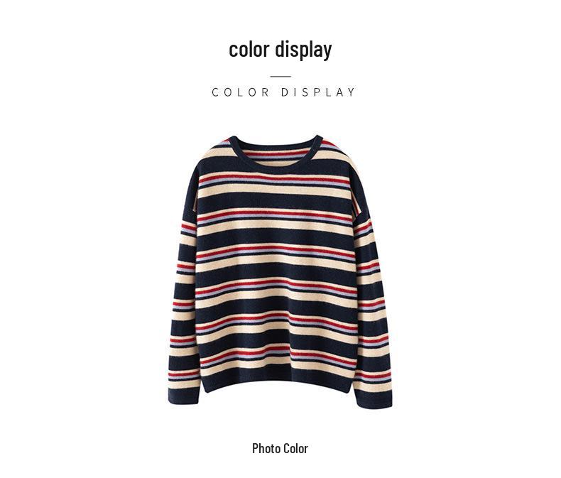 Women's Colorful Striped Cashmere Sweater – Round Neck, Loose Fit, Long Sleeve Knit Base Layer for Autumn/Winter