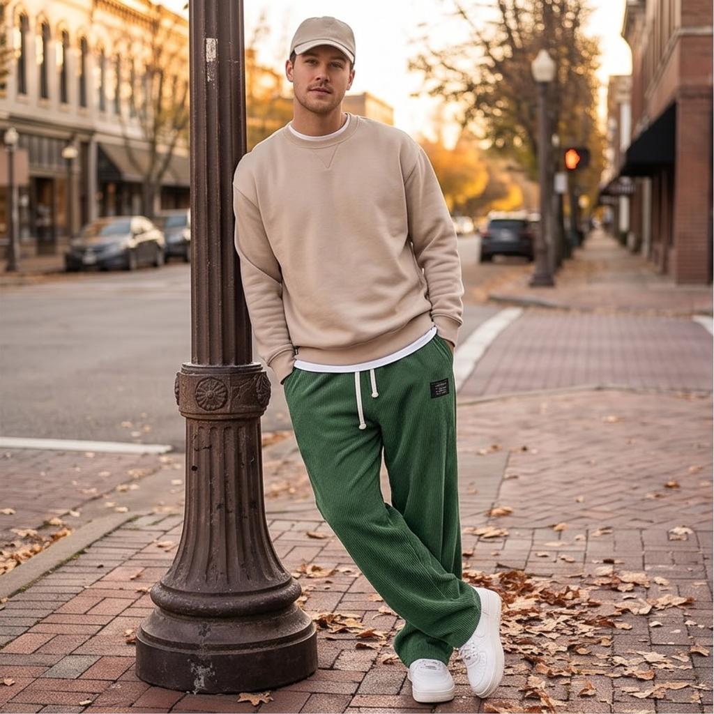 Men's Loose Fit Corduroy Wide Leg Pants with and Pockets, Color Casual Trousers