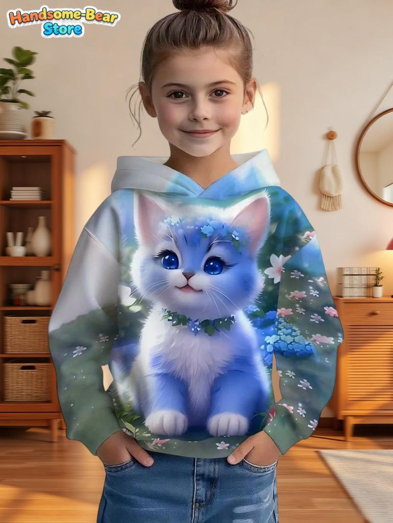 Cute Cat Print Girl Clothes Long Sleeve Sweatshirt Girl Graphic Hoodies Tops Children's Clothing Fashion 3D Print Autumn Clothes
