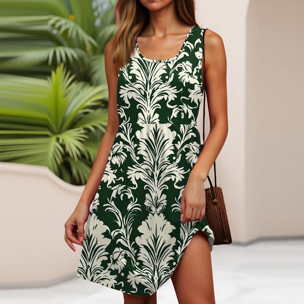 Dámské letní módní šaty bez rukávů s kulatým výstřihem a ležérním květinovým potiskem