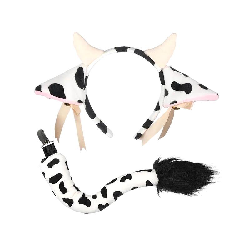 1 Set Animal Party Cosplay Costume Plush Cow Ears Horn Headband With Small Bells Ribbon Bow Anime Lolita Hair Hoop Girl Gifts