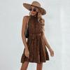 Women Autumn Winter Sleeveless Dot Print Halter Casual A-Line Mini-Length High Waist Ruffled Edges Dress