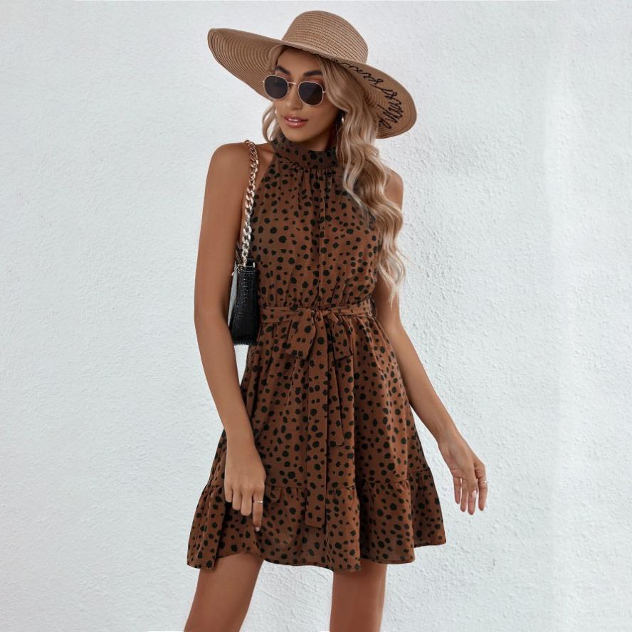 Women Autumn Winter Sleeveless Dot Print Halter Casual A-Line Mini-Length High Waist Ruffled Edges Dress