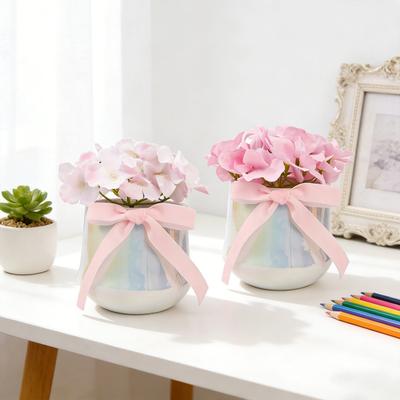 Artificial Flower In Ceramic Vase with Silk Bow Soft Realistic Faux Flower Arrangement Home Desktop Tabletop Decoration