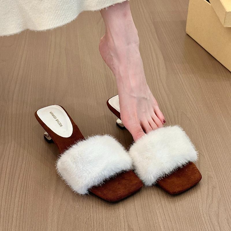 Fashion Women's Slippers New Fashion Plush Warm Luxury Autumn Winter Open Toe Fake Fur Leopard Decorative Non-slip High-heeled Slippers