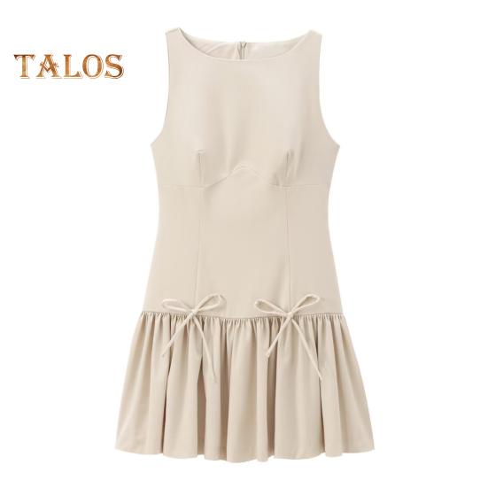 

Женское летнее платье без рукавов с бантом, плиссированное мини-платье А-силуэта, однотонное мини-платье с застежкой-молнией сзади, жилет с круглым вырезом, платье для свиданий и вечеринок S бежевый